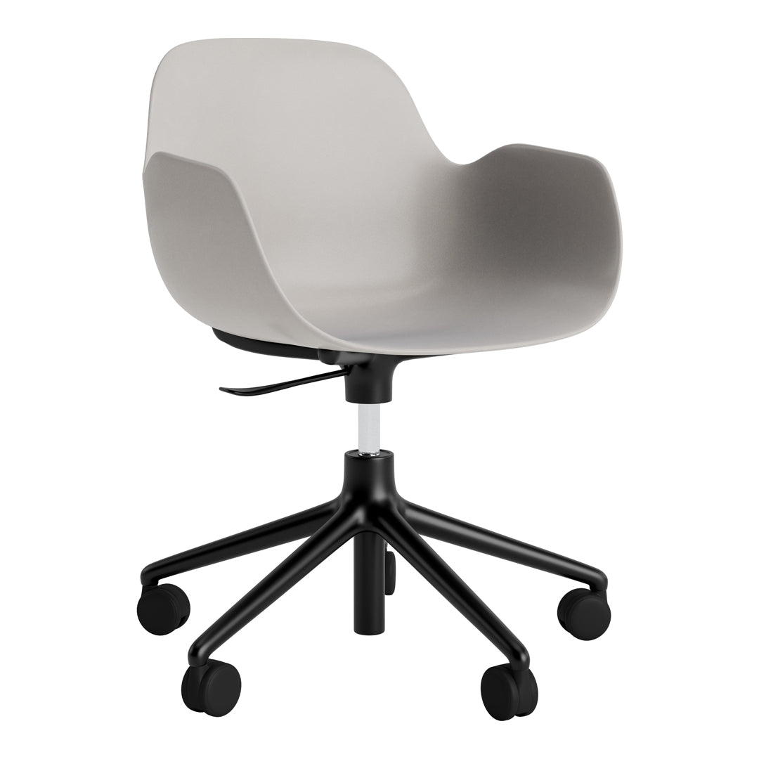 Gray molded chair with smooth curves and a black wheeled base, perfect for modern office decor.
