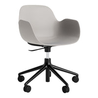 Gray molded chair with smooth curves and a black wheeled base, perfect for modern office decor.