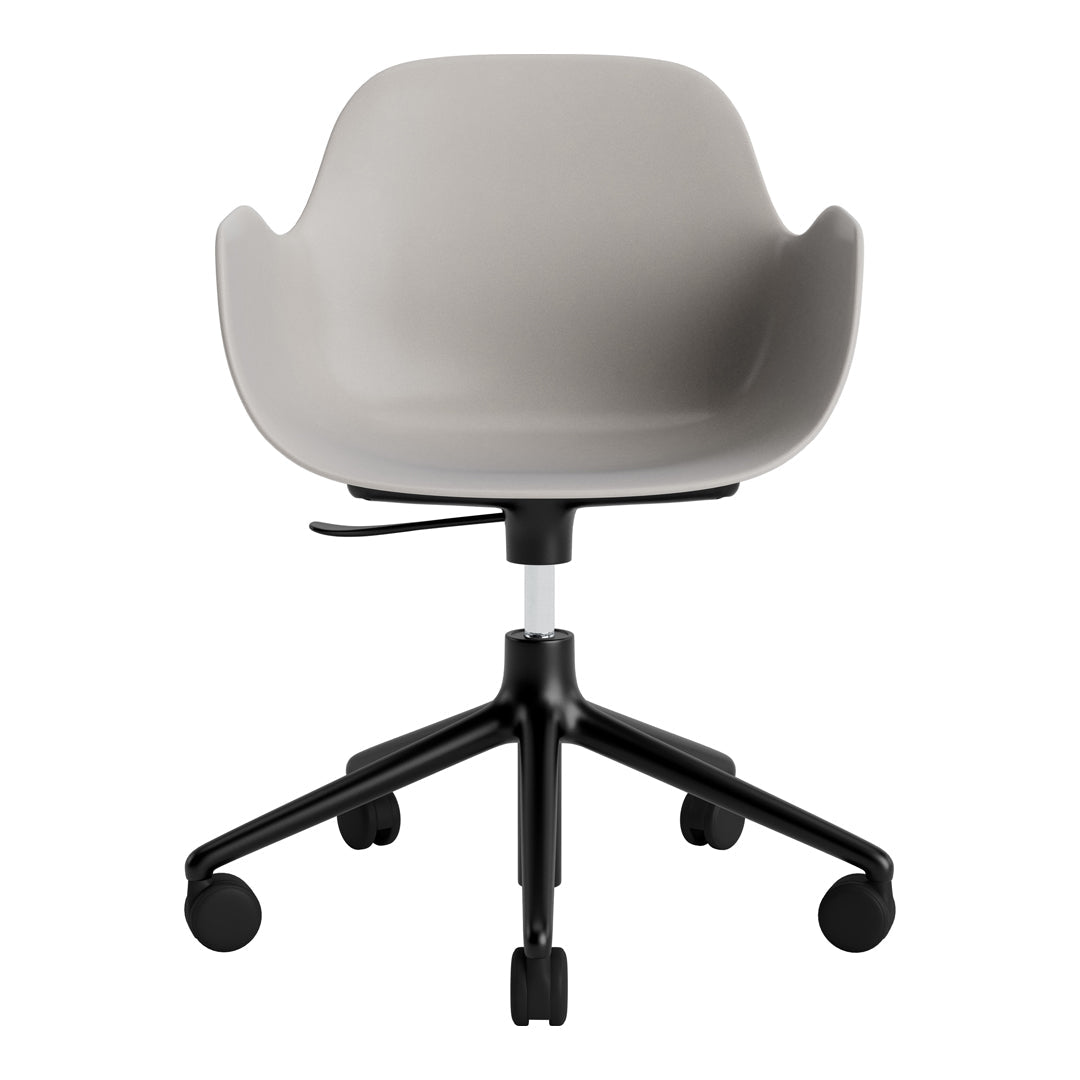 Grey ergonomic chair with a smooth finish and black rolling base. Modern design, perfect for any workspace.