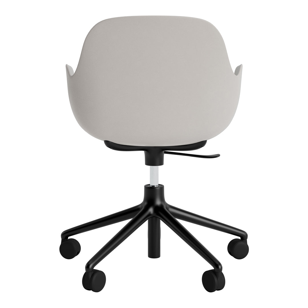Gray ergonomic office chair with a smooth finish, featuring a sleek black base and five swivel caster wheels.