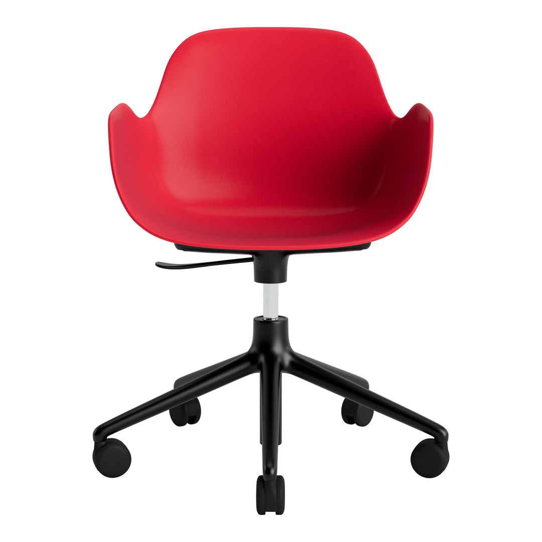 Red modern office chair with a sleek plastic design and a black rolling base. Ideal for stylish workspace decor.