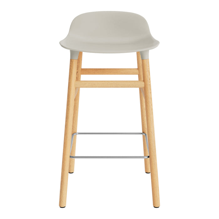 Light gray modern bar stool with a smooth seat and natural wood legs, featuring a sleek metal footrest.