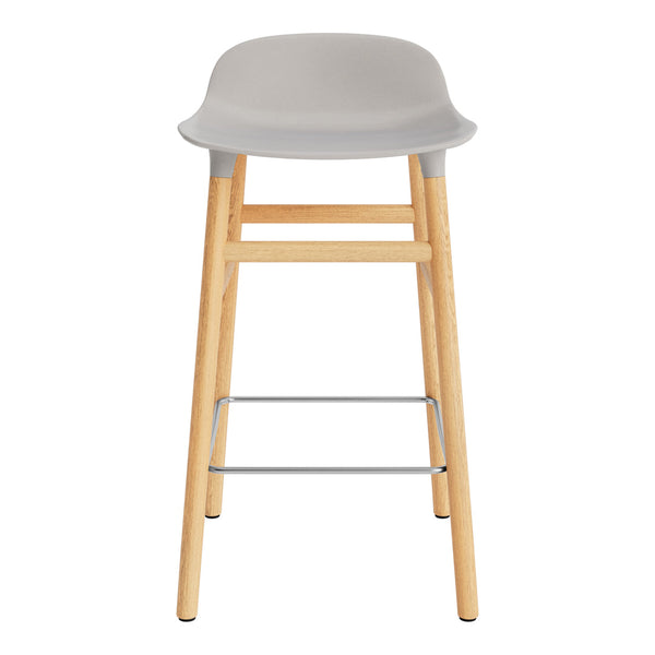 Gray plastic barstool with natural wooden legs and a metallic footrest, featuring a sleek, modern design.