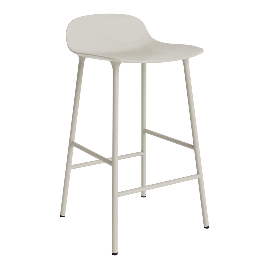 Light gray bar stool with smooth seat and sleek, minimalistic design. Perfect for modern decor.