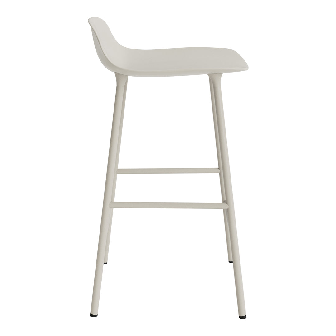 Minimalist white bar stool with a smooth, sleek finish and four slender legs. Ideal for modern decor.