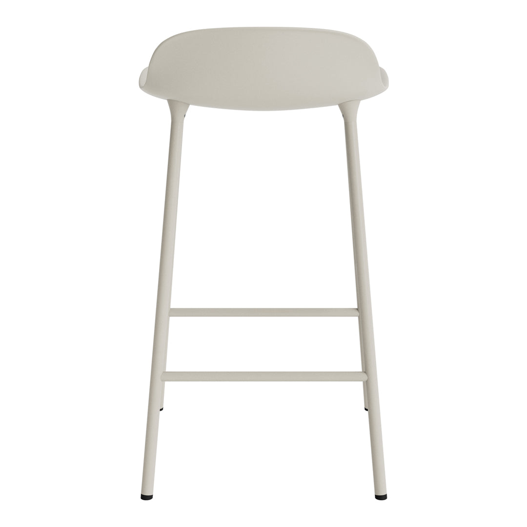 Light gray bar stool with a smooth, minimalist design and straight metal legs, perfect for modern spaces.