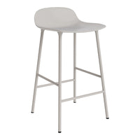Light gray bar stool with a smooth, minimalist design and a sleek, white metal frame. Ideal for modern decor.