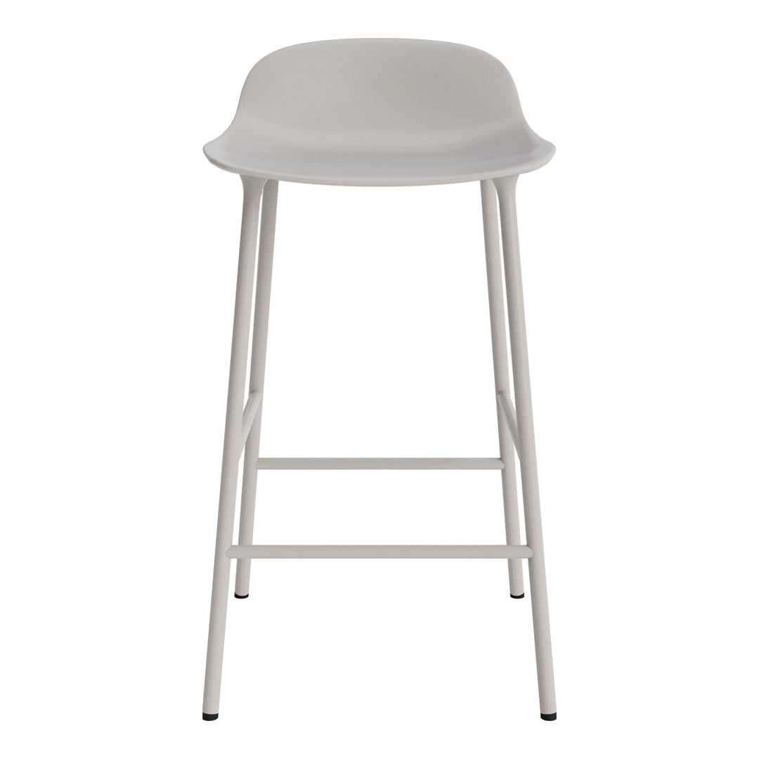Light gray bar stool with a smooth, curved seat and sleek white metal legs, showcasing a minimalist design.