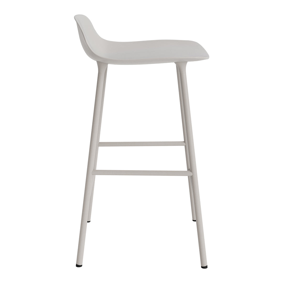 White modern bar stool with a sleek, minimalist design and subtle curved seat, featuring metal legs for a contemporary look.