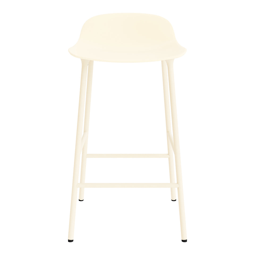 Cream-colored bar stool with smooth, minimalist design and sleek metal legs. Ideal for modern decor.