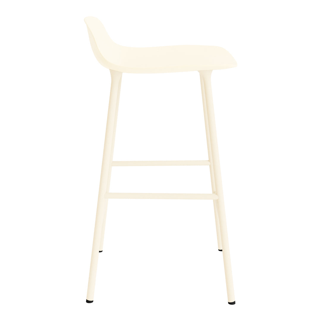 Cream-colored bar stool with a smooth design and sleek metal legs in a minimalist style. Ideal for modern decor.