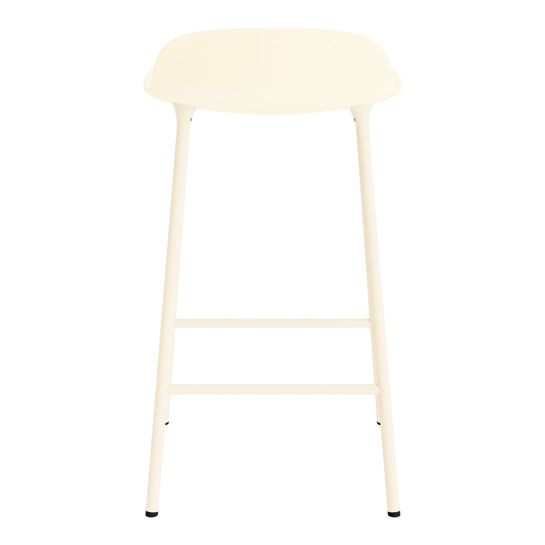 Cream-colored bar stool with a smooth, minimalist design and contrasting white legs. Perfect for modern decor.