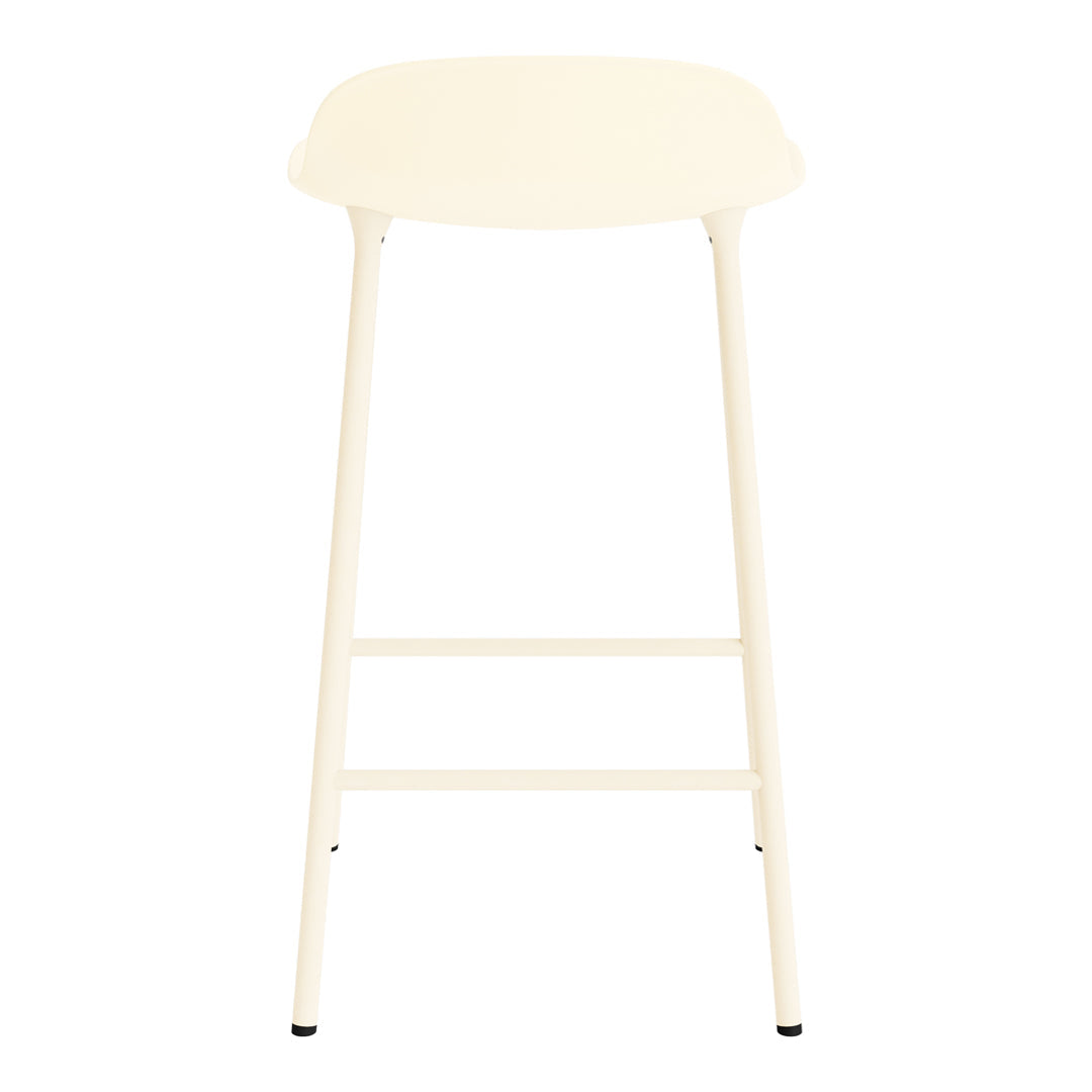 Cream-colored bar stool with a smooth, minimalist design and contrasting white legs. Perfect for modern decor.