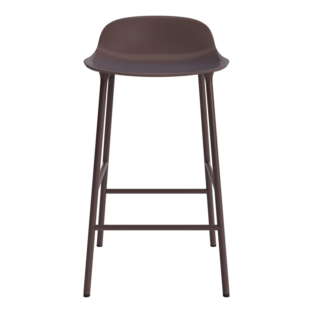 Dark brown plastic bar stool with a smooth finish and slender metal legs. Modern, minimalist design.