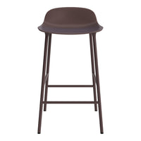 Dark brown plastic bar stool with a smooth finish and slender metal legs. Modern, minimalist design.