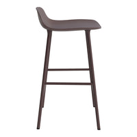 Brown bar stool with a sleek, minimalist design and smooth, curved seat. Modern metal legs complement the style.