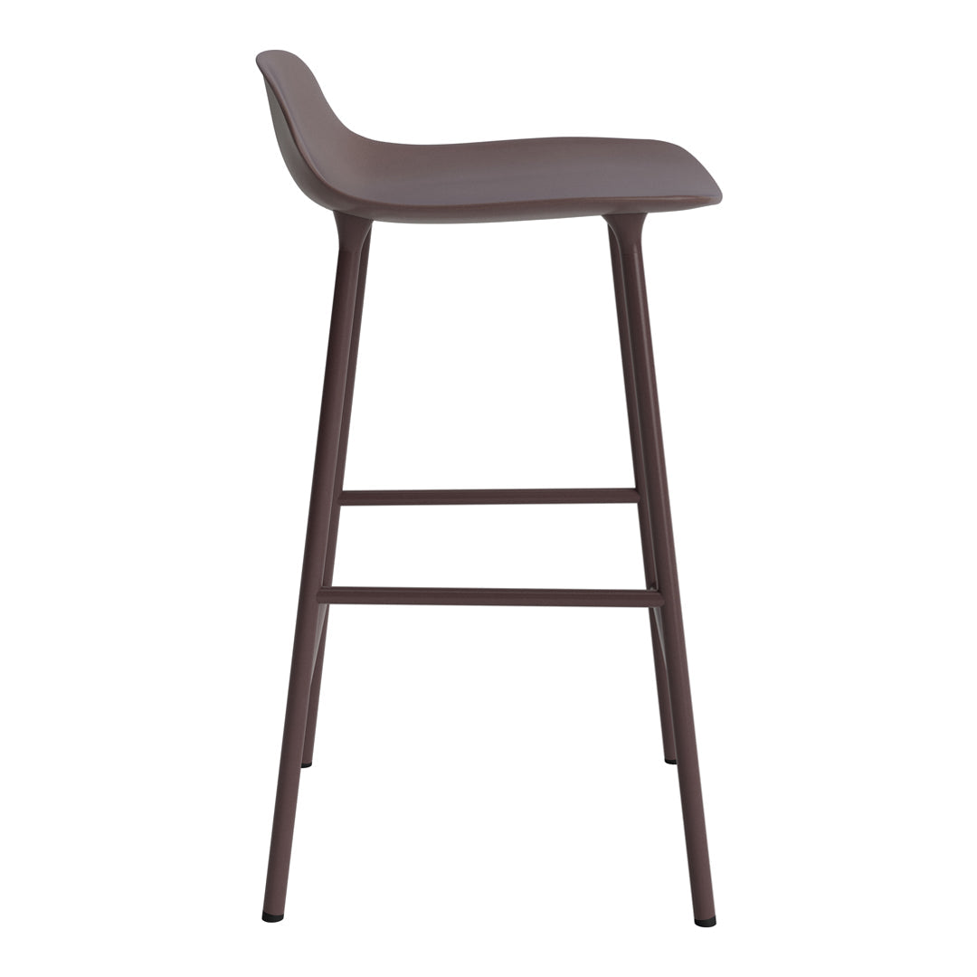 Brown bar stool with a sleek, minimalist design and smooth, curved seat. Modern metal legs complement the style.