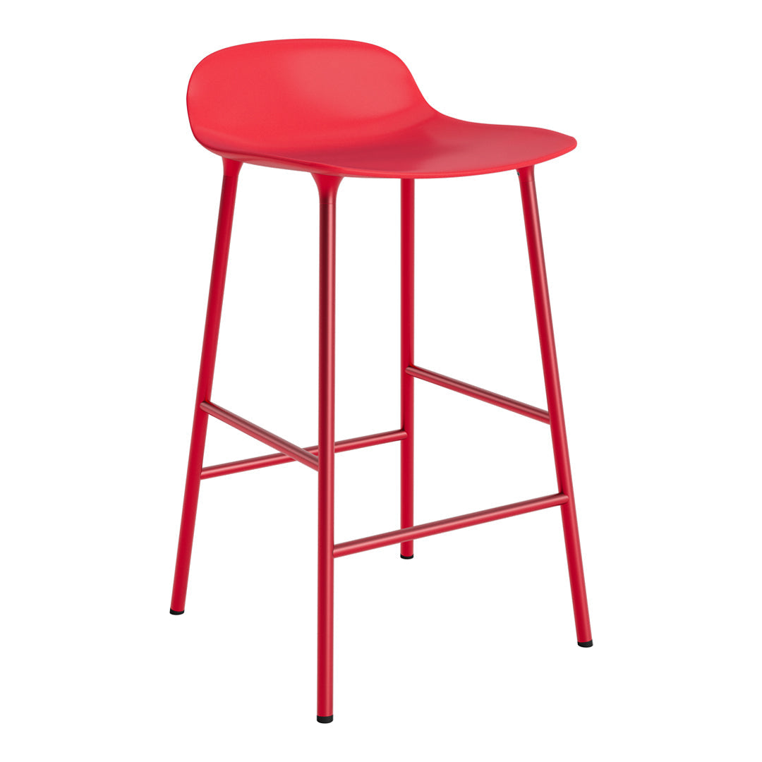 Red modern bar stool with a sleek design and smooth, curved seat. Perfect for vibrant decor.