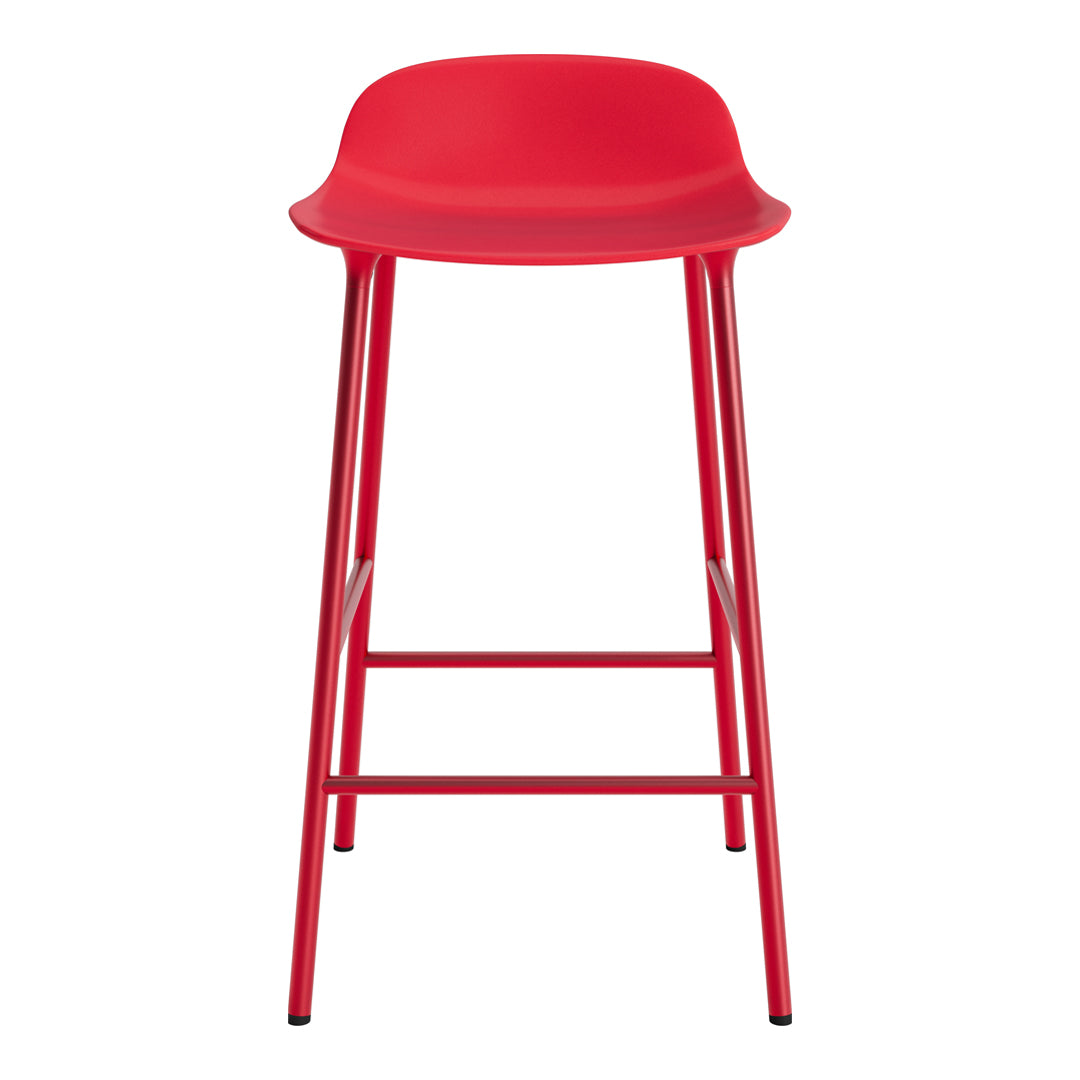 Red bar stool with a sleek, modern design and minimalistic pattern, featuring a sturdy metal frame.