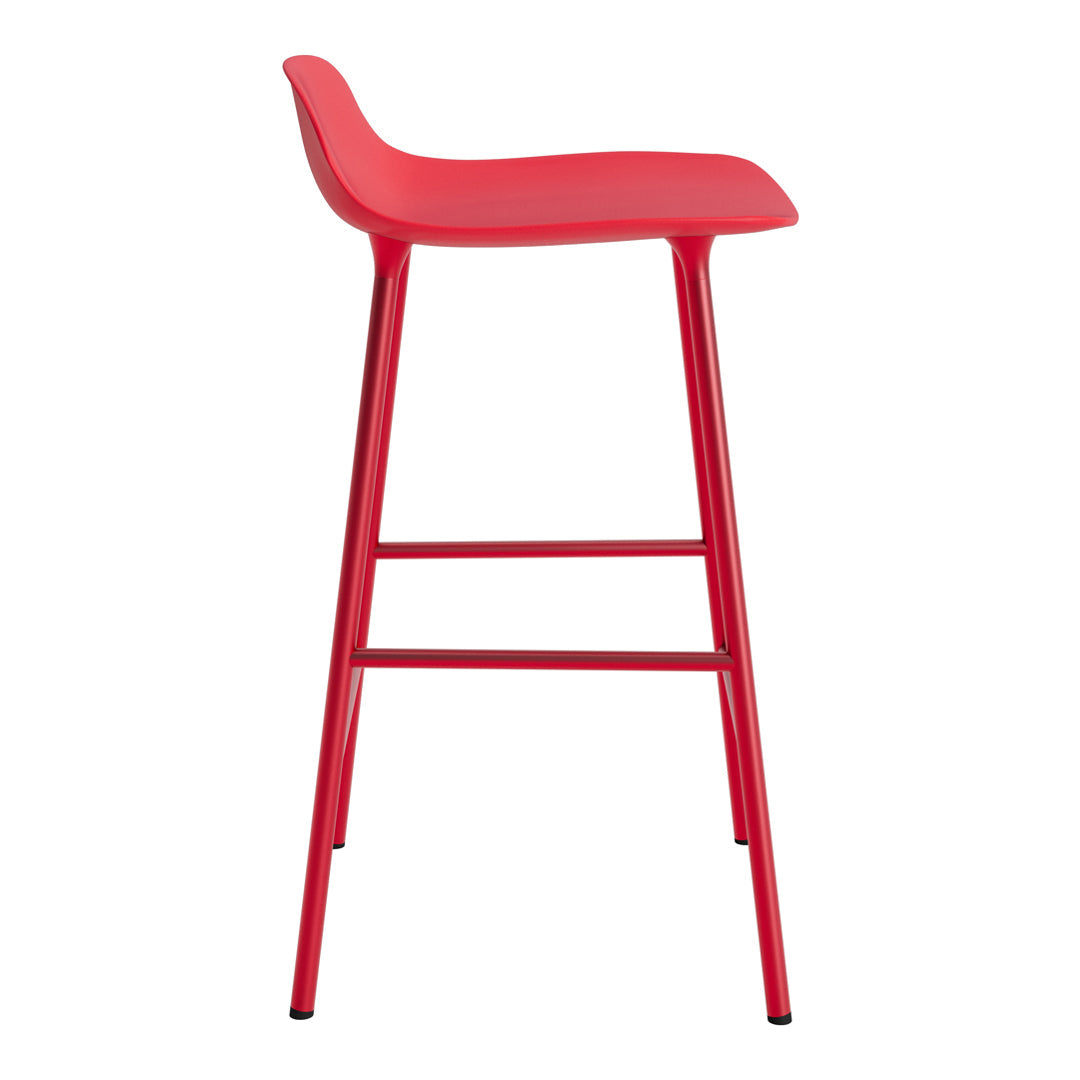 Bright red barstool with a sleek, minimalist design and contrasting metal legs. Perfect for modern interiors.