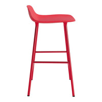 Bright red barstool with a sleek, minimalist design and contrasting metal legs. Perfect for modern interiors.
