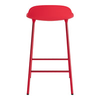 Bright red bar stool with a smooth, minimalist design and sleek metal legs. Ideal for modern decor.