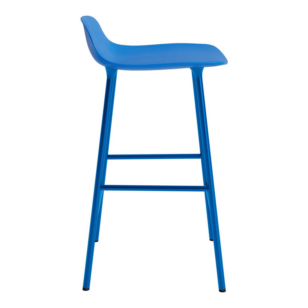Bright blue bar stool with a sleek, minimalist design and smooth contours. Perfect for modern spaces.