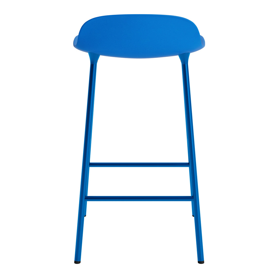 Bright blue bar stool with a smooth, minimalist design and sleek metal legs. Perfect for modern spaces.