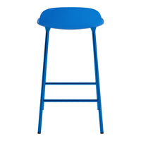 Bright blue bar stool with a smooth, minimalist design and sleek metal legs. Perfect for modern spaces.
