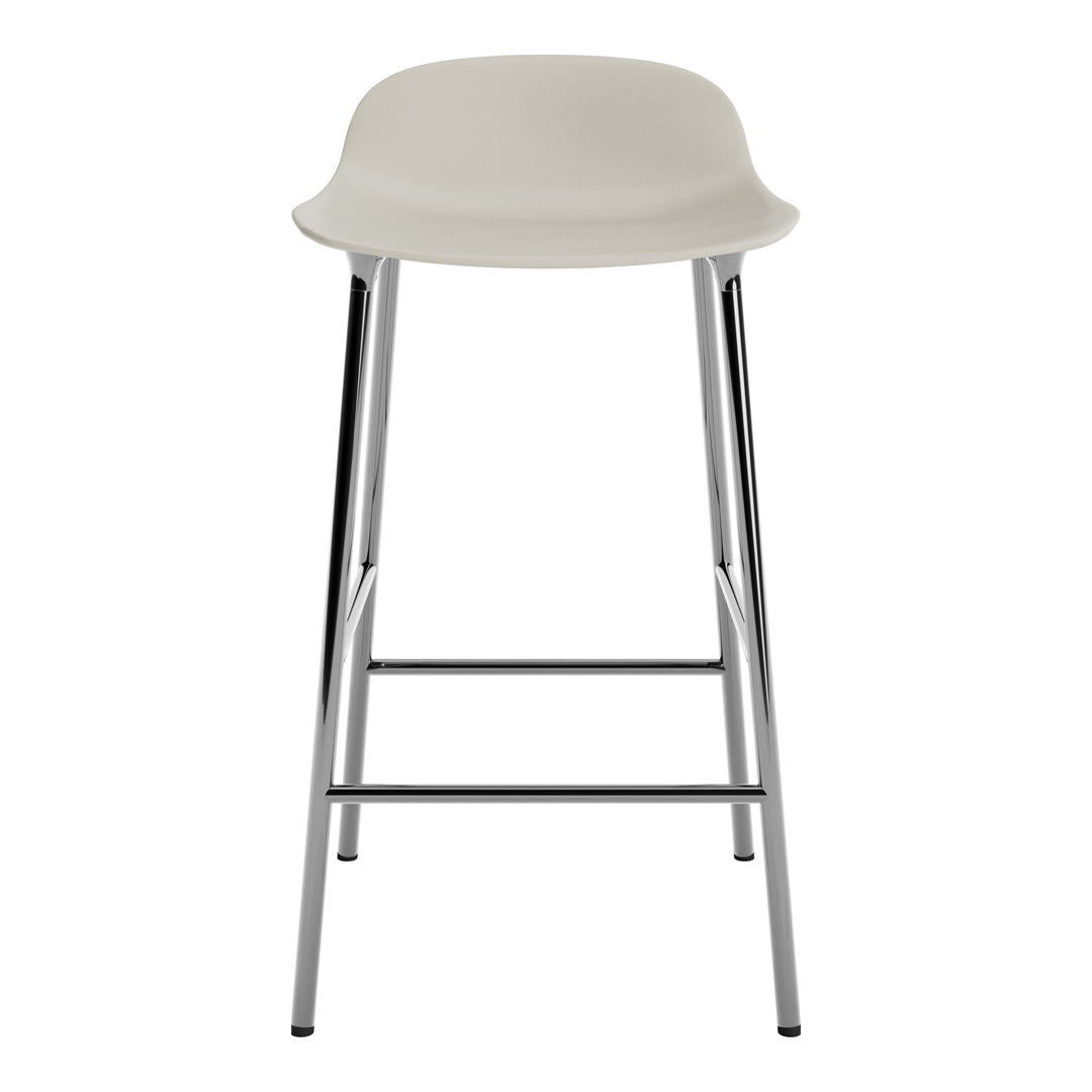 Light gray stool with a smooth, curved seat and sleek chrome legs, perfect for modern decor.