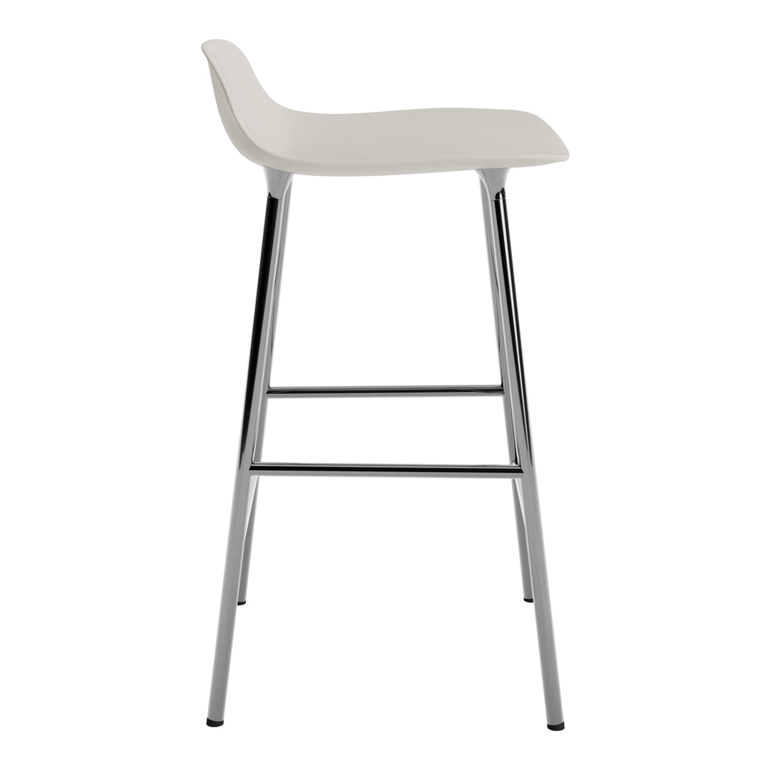 White modern bar stool with sleek chrome legs and a minimalist design. Perfect for contemporary spaces.