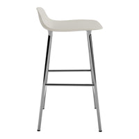 White modern bar stool with sleek chrome legs and a minimalist design. Perfect for contemporary spaces.