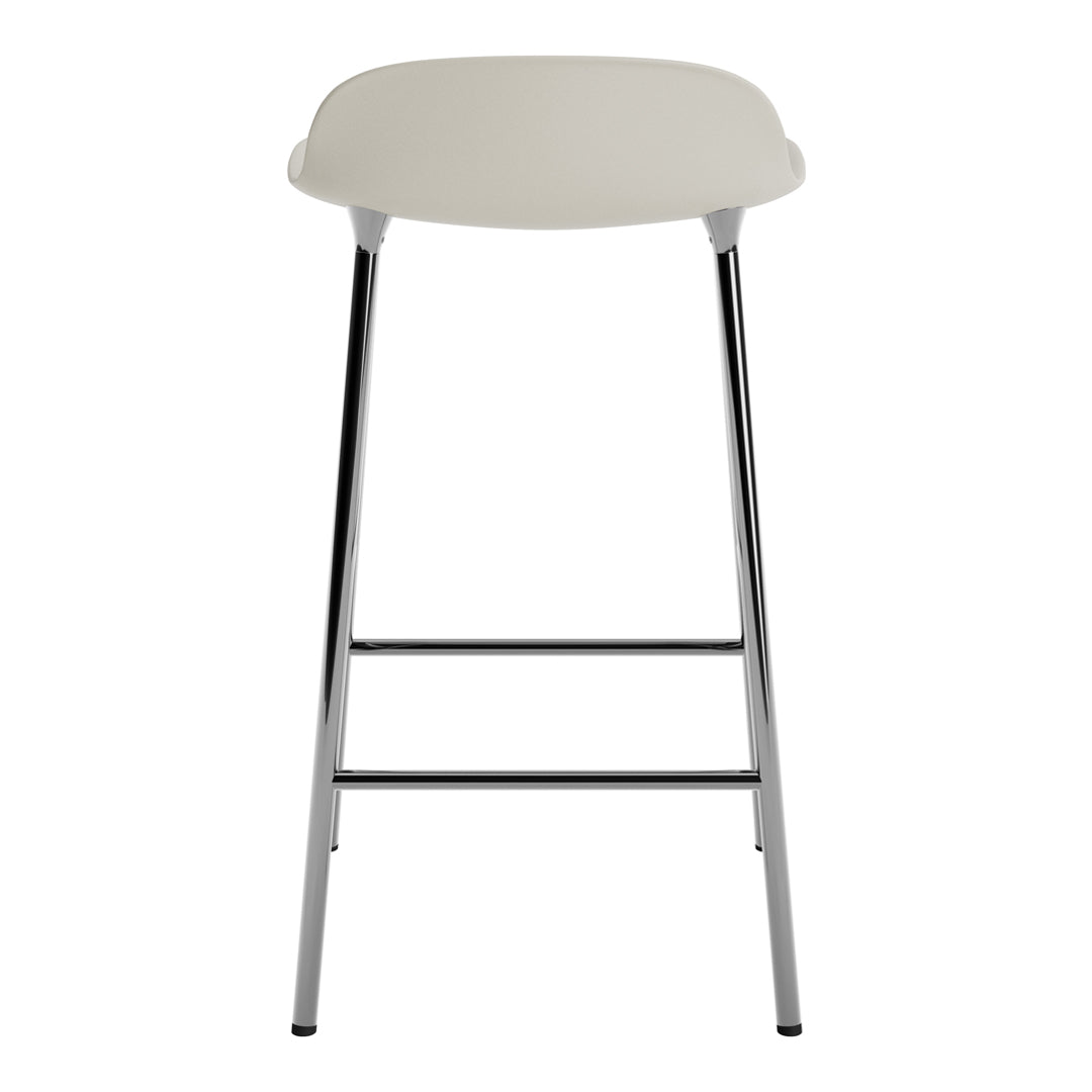 Light gray stool with a smooth, curved seat and sleek chrome legs, perfect for modern decor.