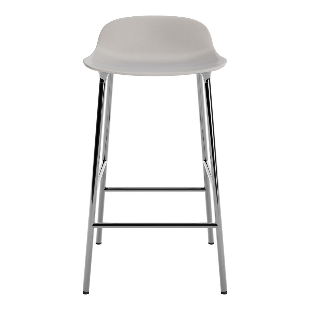 Gray padded bar stool with a sleek chrome frame, featuring a minimalist design and contemporary style.