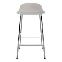 Gray padded bar stool with a sleek chrome frame, featuring a minimalist design and contemporary style.