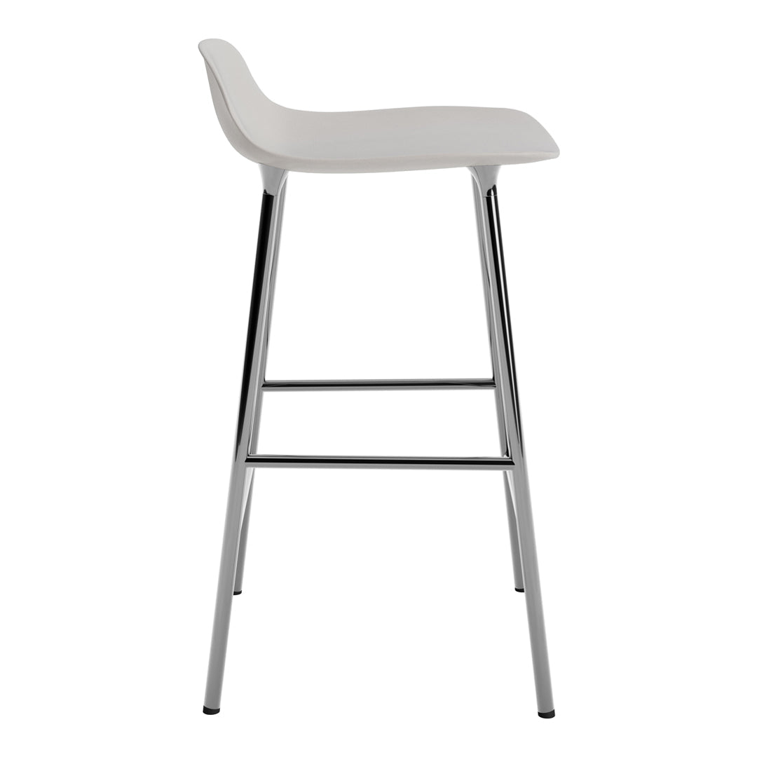 White bar stool with a sleek, minimalist design and chrome legs, perfect for modern interiors.