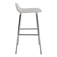 White bar stool with a sleek, minimalist design and chrome legs, perfect for modern interiors.