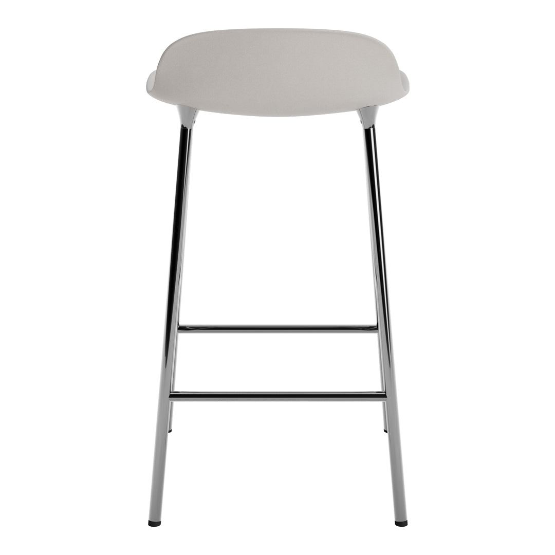 Stylish gray bar stool with a smooth surface and sleek chrome legs, perfect for modern decor.