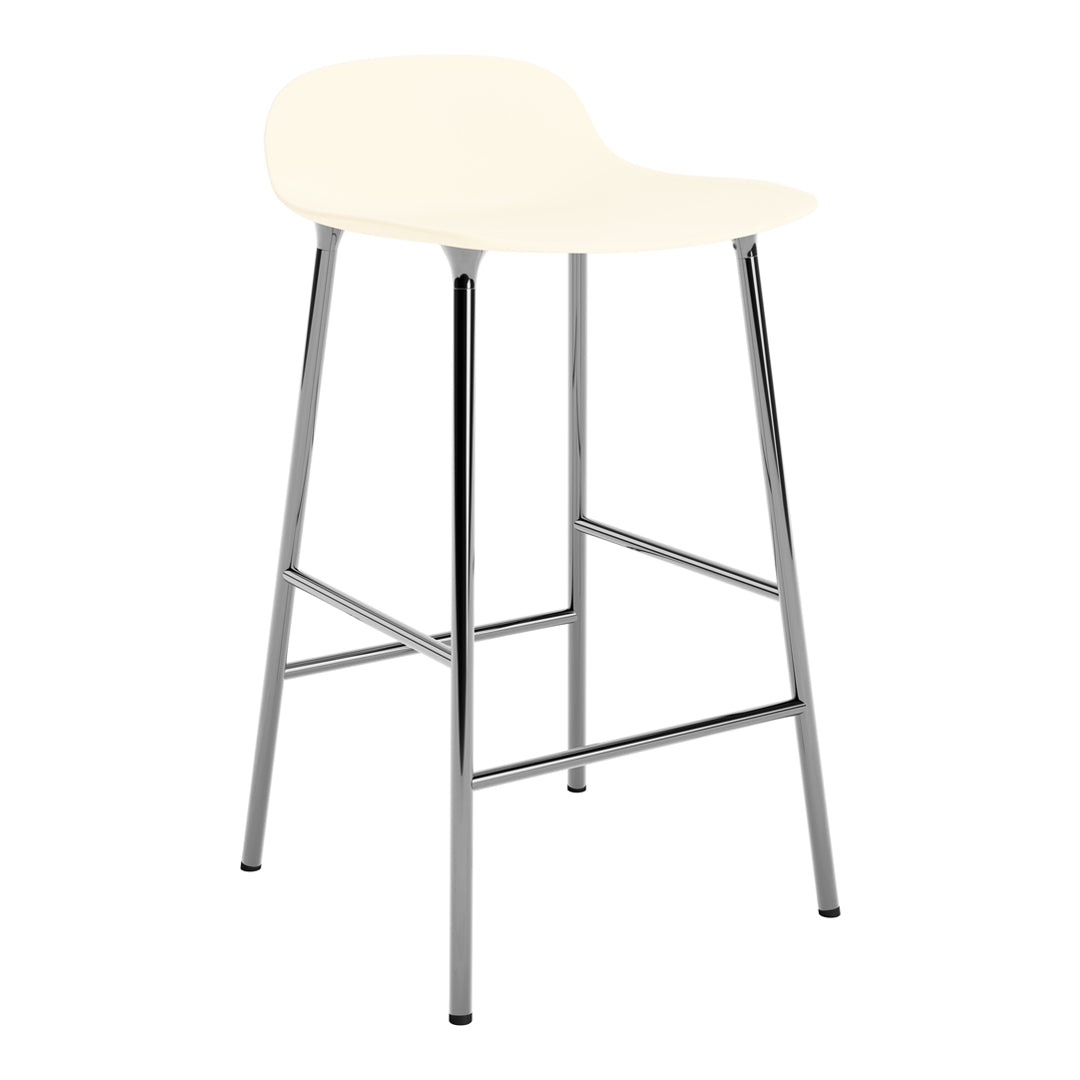 Cream-colored bar stool with a sleek chrome frame. Minimalist design, perfect for modern decor.