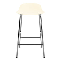 Cream-colored bar stool with a sleek chrome frame, featuring a minimalist design and smooth finish.