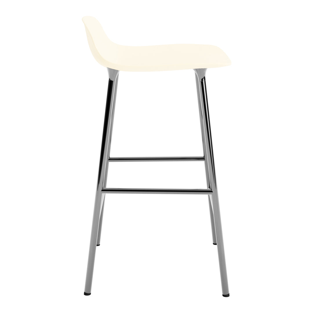 Cream-colored bar stool with a sleek chrome frame and minimalist design. Ideal for modern interiors.