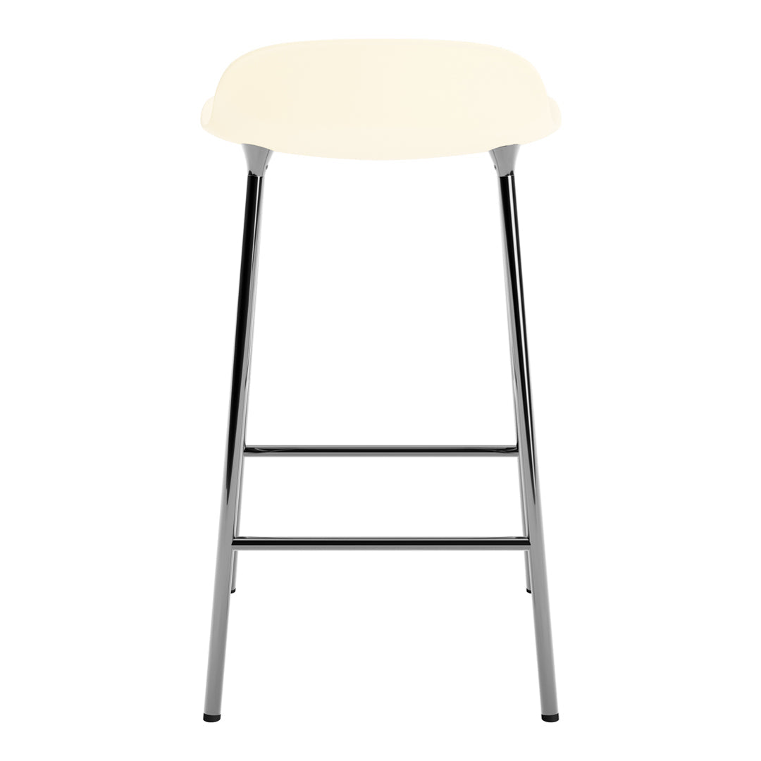 Cream-colored bar stool with a sleek chrome frame, featuring a smooth, solid surface and modern design.