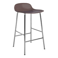 Brown padded stool with a smooth finish and sleek chrome legs, ideal for modern kitchen or bar settings.