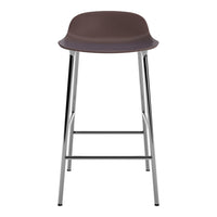Brown plastic bar stool with a smooth, curved seat and chrome metal legs. Modern design, sleek and minimalist style.