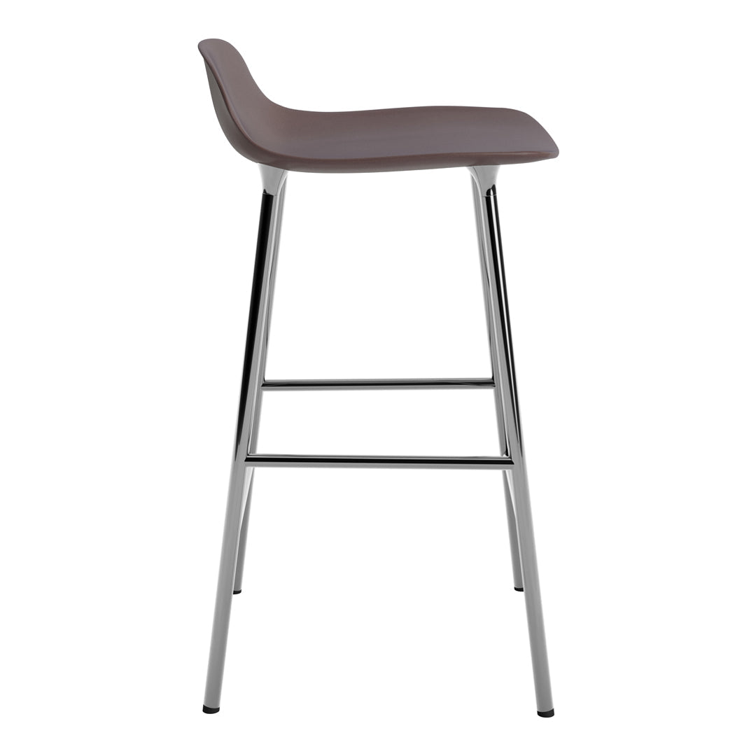 Stylish brown bar stool with a sleek chrome frame and minimalist design, perfect for modern interiors.