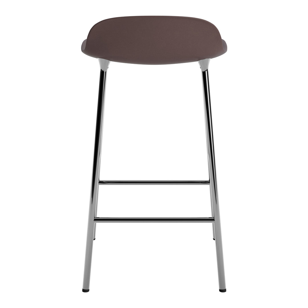 Brown bar stool with a sleek chrome frame, featuring a minimalist design and smooth, curved seat.
