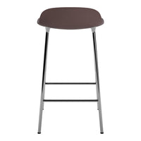 Brown bar stool with a sleek chrome frame, featuring a minimalist design and smooth, curved seat.