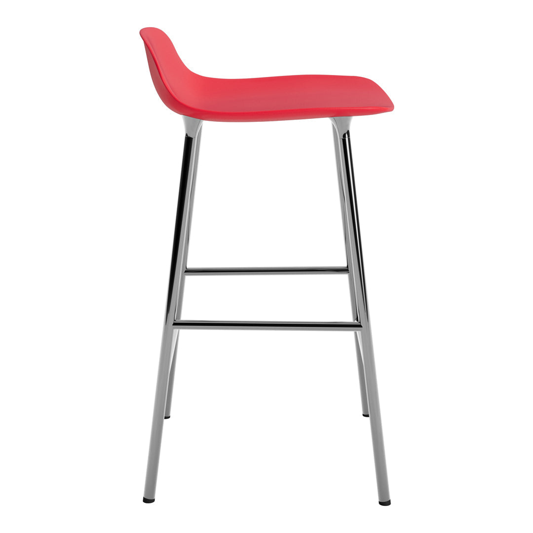 Red modern bar stool with a sleek chrome frame, featuring a simple, curved design and smooth finish.