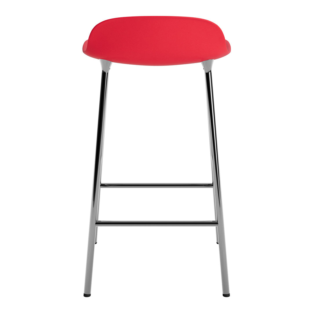Red bar stool with a smooth finish and sleek chrome legs, perfect for modern decor.