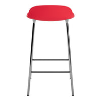 Red bar stool with a smooth finish and sleek chrome legs, perfect for modern decor.